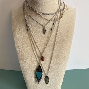 Silver & Gold Tone Layered Necklace Set Teal Pendant Arrowhead Multi Strand Boho